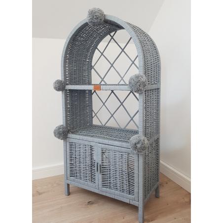 Wiklinowa Szafka Etażerka Szara z Drzwiczkami z Pomponami