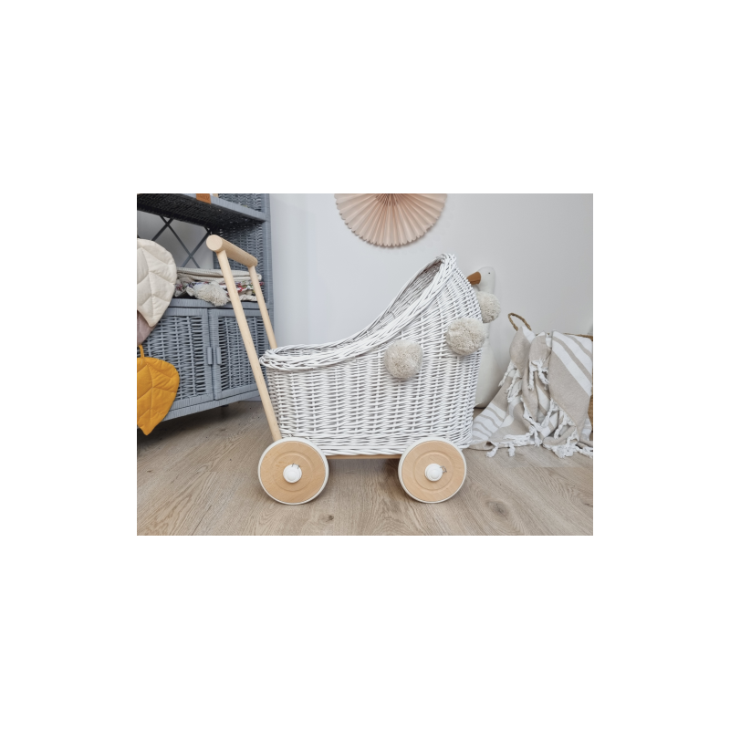 Wiklinowy Wózek dla Lalek Pchacz z Pomponami