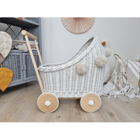 Wiklinowy Wózek dla Lalek Pchacz z Pomponami