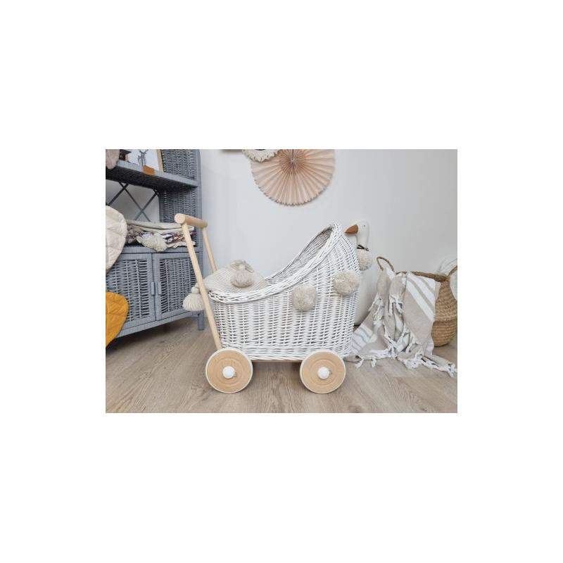 Wiklinowy Wózek dla Lalek Pchacz z Pomponami (pościel)