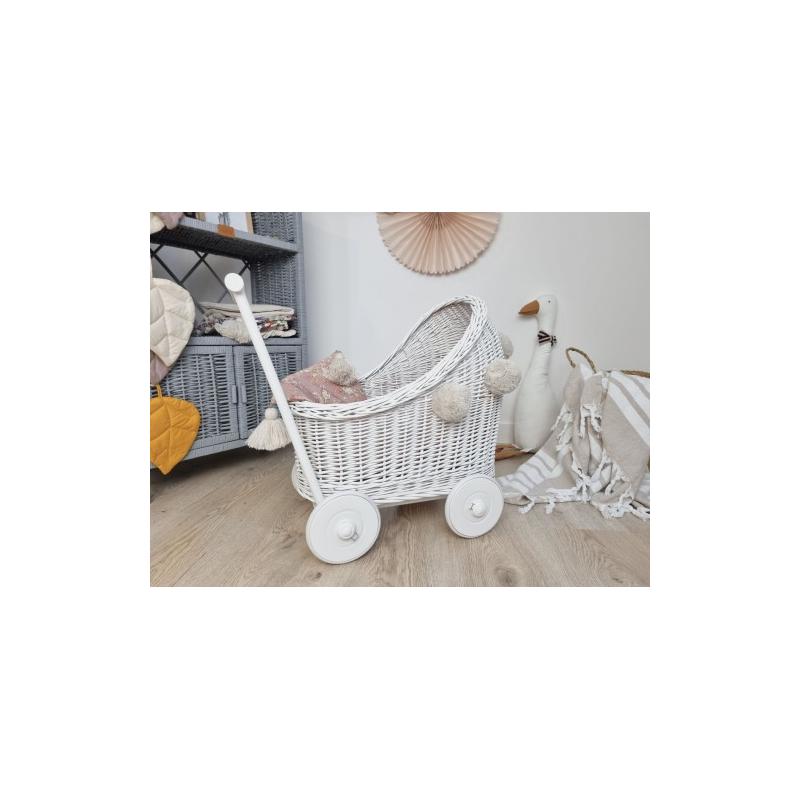 Wiklinowy Wózek dla Lalek Pchacz z Pomponami (pościel)