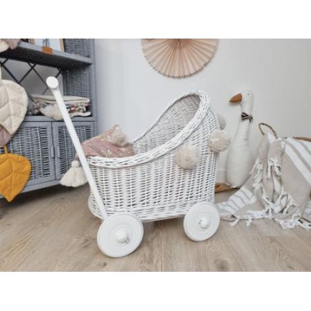 Wiklinowy Wózek dla Lalek Pchacz z Pomponami (pościel)