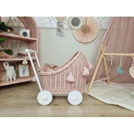 Wiklinowy Wózek dla Lalek Brudny Róż Pchacz z Chwostami (pościel)