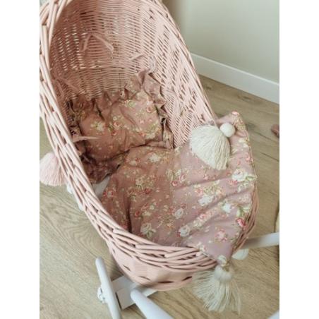 Wiklinowy Wózek dla Lalek Brudny Róż Pchacz z Chwostami (pościel)