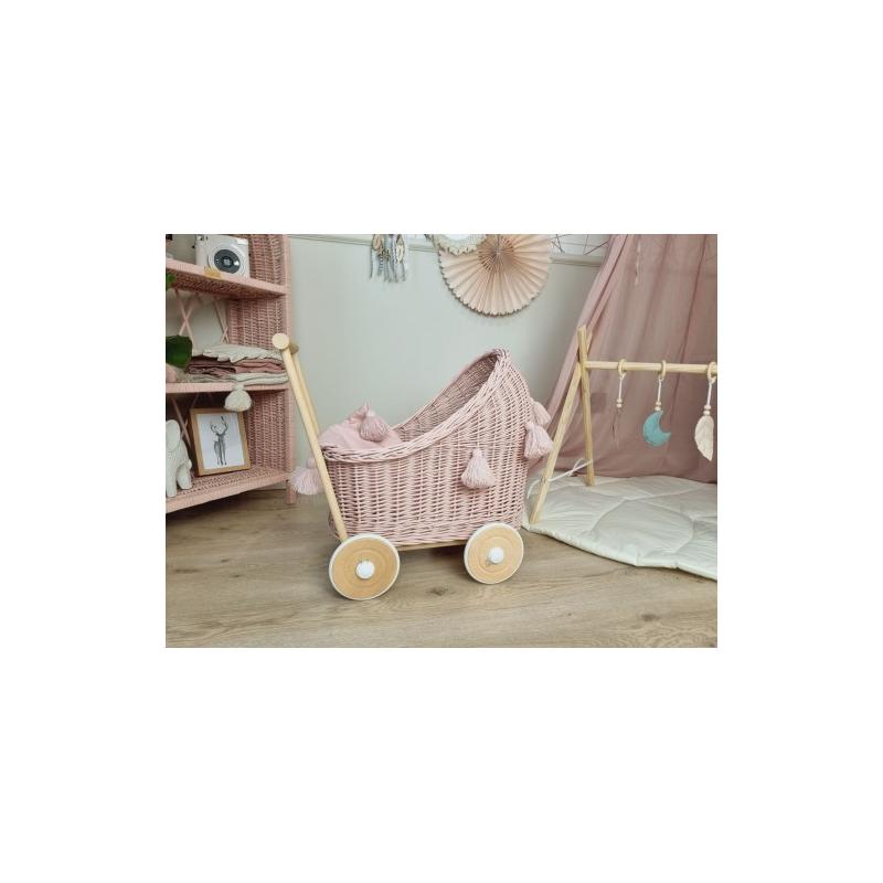 Wiklinowy Wózek dla Lalek Brudny Róż z Chwostami (pościel)