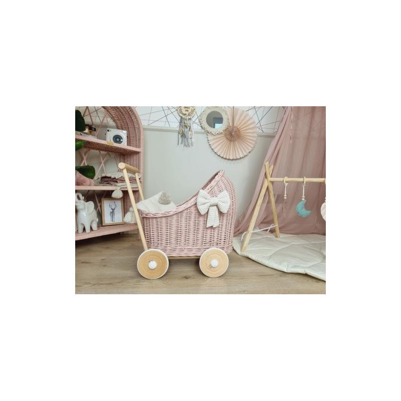 Wiklinowy Wózek dla Lalek Brudny Róż (pościel)