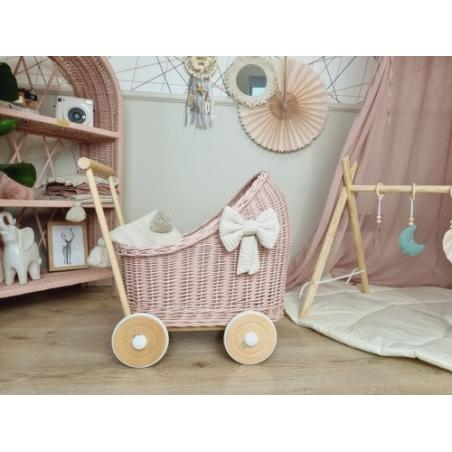 Wiklinowy Wózek dla Lalek Brudny Róż (pościel)