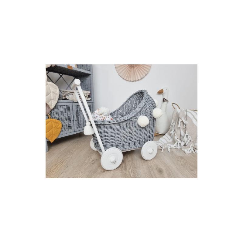 Wiklinowy Wózek dla Lalek Szary z Pomponami (pościel)