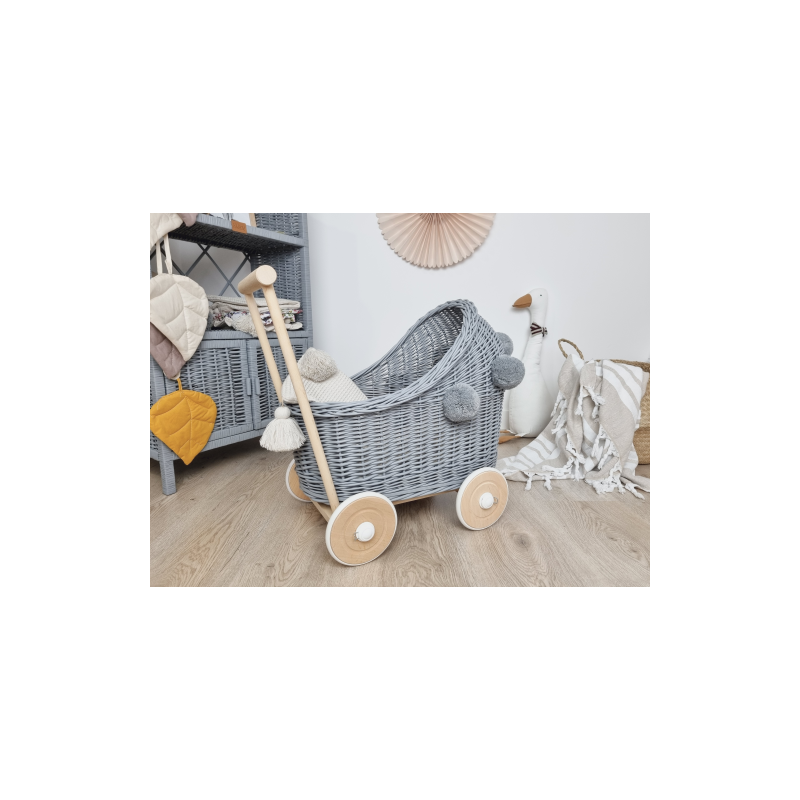 Wiklinowy Wózek dla Lalek Szary z Pomponami (pościel)